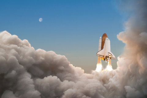 Space Shuttle starts its mission and takes off into the sky. Roc