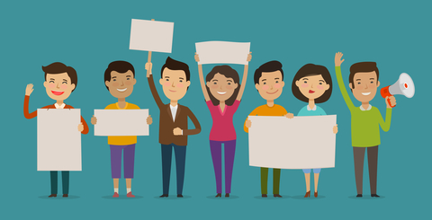 Group of people or crowd cheers carrying signs. Event, fan club, demonstration concept. Cartoon vector illustration