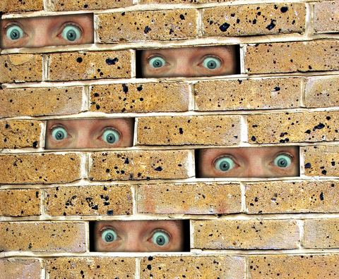 The walls have eyes, a brick wall with pairs of eyes