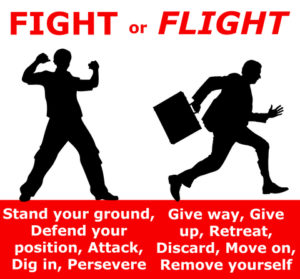 Fight or Flight sign showing a man with fists raised and another running away