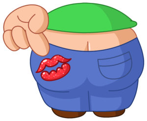 Boy pointing to his butt that has a red lip print on it Concept of kiss my ass